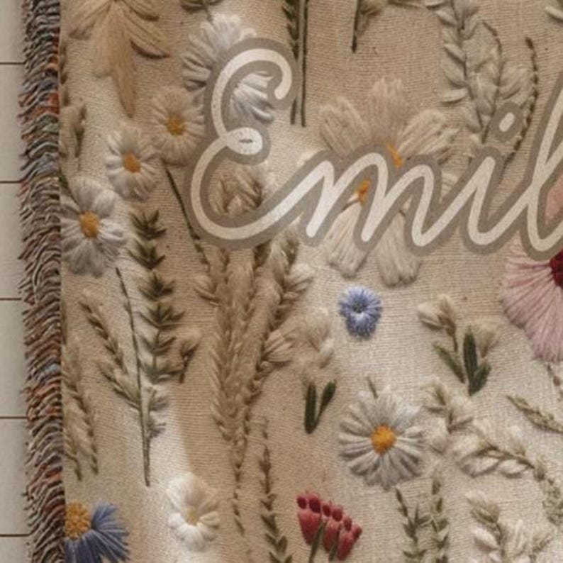 May include: Beige throw blanket with embroidered floral design. Features daisies, other flowers, and foliage in white, blue, pink, and red. The name "Emily" is written in a cursive font across the blanket.