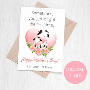 Presente de dia das mães para criança mais velha, cartão de mãe e filha sarcástico, cartão engraçado para impressão de dia das mães, presente engraçado para mãe de seu primeiro filho, vaca