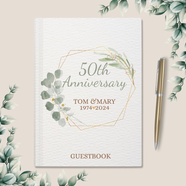 Personalized Green Eucalyptus Wedding Guest Book,50th Anniversary, Golden Anniversary Guest Book Memorial, 50th Wedding Gift 30th 40th 50th