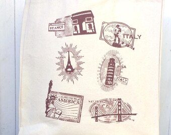 Strong Thick Cotton Canvas Tote Bag Hand Screen Printed in Australia Travel Stamp Beach Grocery Shopping Mothers Day Gift Birthday Present