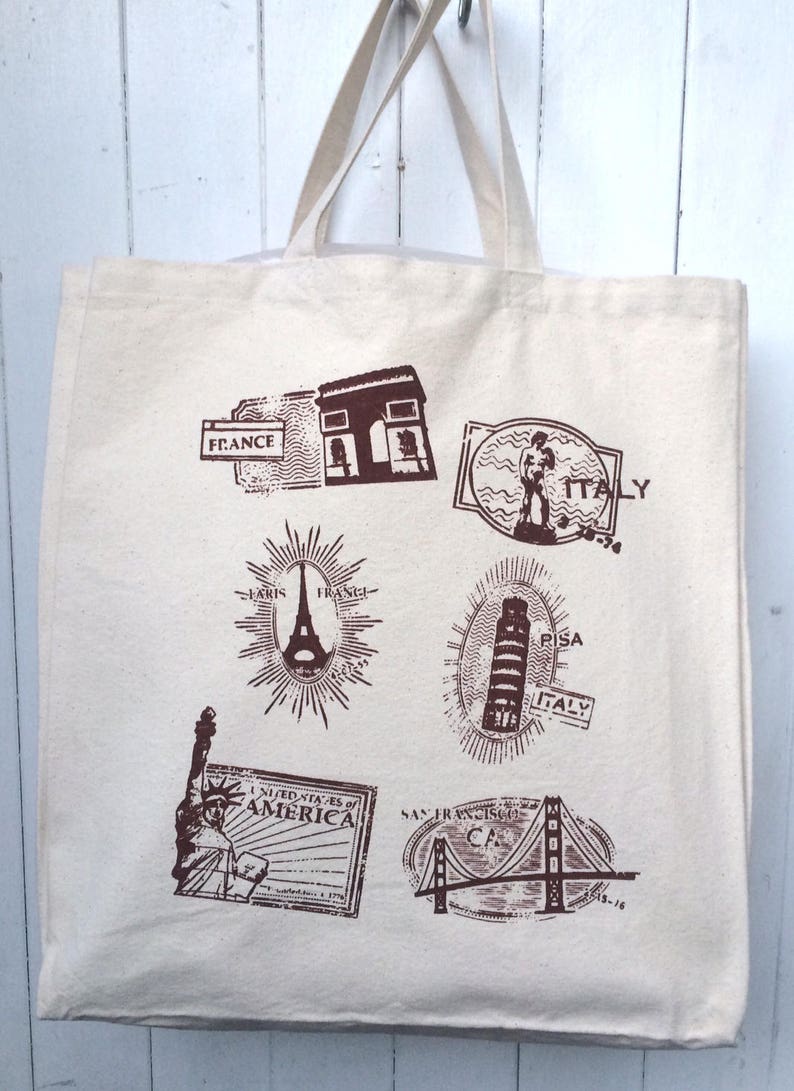 Strong Thick Cotton Canvas Tote Bag Hand Screen Printed in Australia Travel Stamp Beach Grocery Shopping Mothers Day Gift Birthday Present image 2