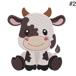 May include: A cartoon cow with black and white spots is sitting with its legs crossed. The cow has brown ears, a brown nose, and a pink mouth. The cow is smiling.