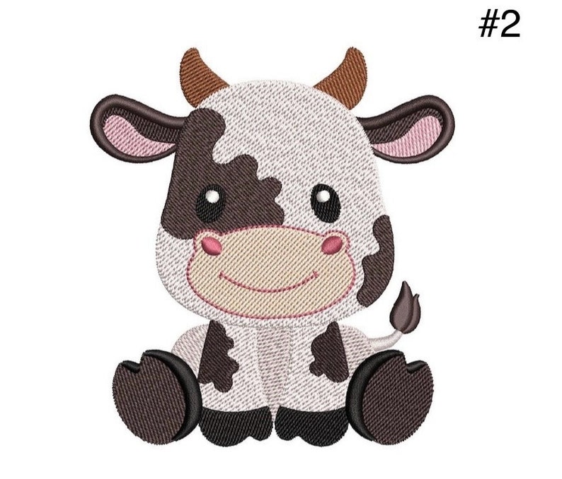 May include: A cartoon cow with black and white spots is sitting with its legs crossed. The cow has brown ears, a brown nose, and a pink mouth. The cow is smiling.