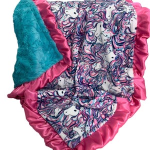 Unicorn Girls MinkyThrow/Baby/Blanket/Unicorn/snuggle/satin ruffle/baby/toddler/tween/purple/turquoise