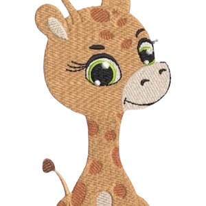 May include: A brown and tan cartoon giraffe with large green eyes and eyelashes. The giraffe is sitting with its legs tucked under its body and has a long neck.