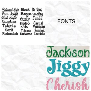 May include: A list of fonts with the names Ballantines Script, Pam Script, Book Script, Sweetheart, Tabitha, Serif, Roboslab, Block, Boyz, Curly, Hobo, Kids, Tahoma, Universe, Dr Soos, Haley, Janda, Casual, Vanessa, Schoolbook, Lucida. The word FONTS is written in a larger font size. Below the list of fonts, the names Jackson, Jiggy, and Cherish are written in different fonts.