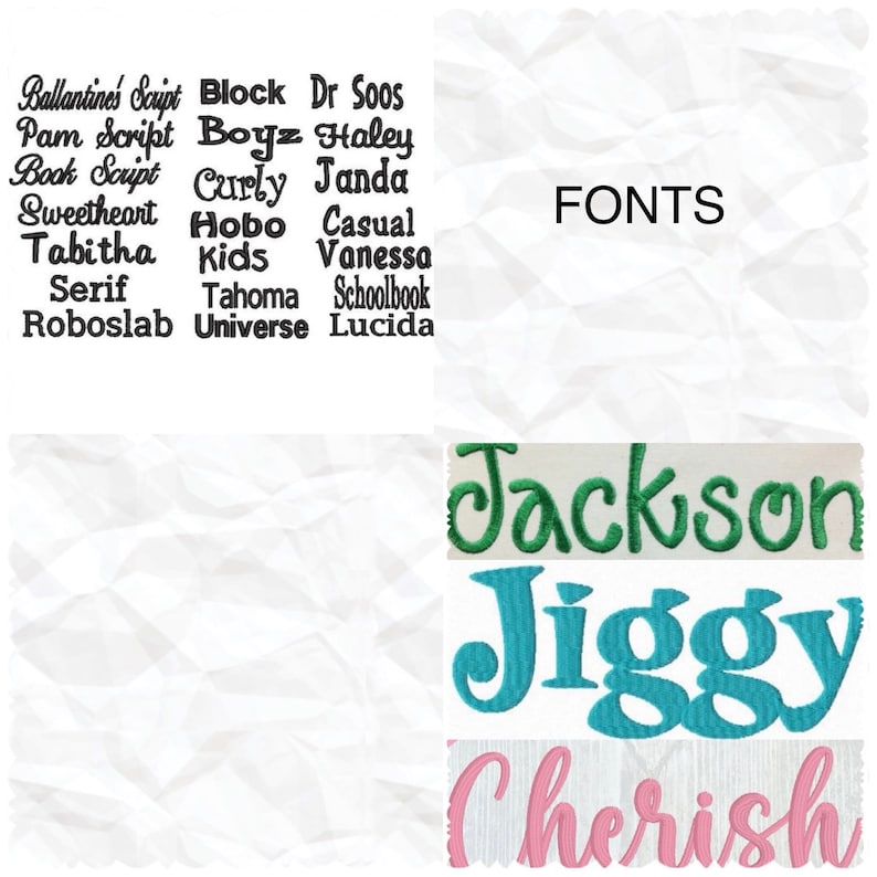 May include: A list of fonts with the names Ballantines Script, Pam Script, Book Script, Sweetheart, Tabitha, Serif, Roboslab, Block, Boyz, Curly, Hobo, Kids, Tahoma, Universe, Dr Soos, Haley, Janda, Casual, Vanessa, Schoolbook, Lucida. The word FONTS is written in a larger font size. Below the list of fonts, the names Jackson, Jiggy, and Cherish are written in different fonts.