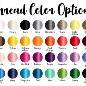 May include: A chart of thread colors with 24 different colors, including white, cream, black, grey, dark grey, taupe, light yellow, khaki, brown, yellow, golden yellow, orange, dark orange, tropical, red, wine, blush, pink, hot pink, fuchsia, purple, lavender, lilac, light blue, royal blue, navy, turquoise, teal, mint, lime, green, and dark green.