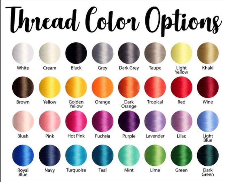 May include: A chart of thread colors with 24 different colors, including white, cream, black, grey, dark grey, taupe, light yellow, khaki, brown, yellow, golden yellow, orange, dark orange, tropical, red, wine, blush, pink, hot pink, fuchsia, purple, lavender, lilac, light blue, royal blue, navy, turquoise, teal, mint, lime, green, and dark green.