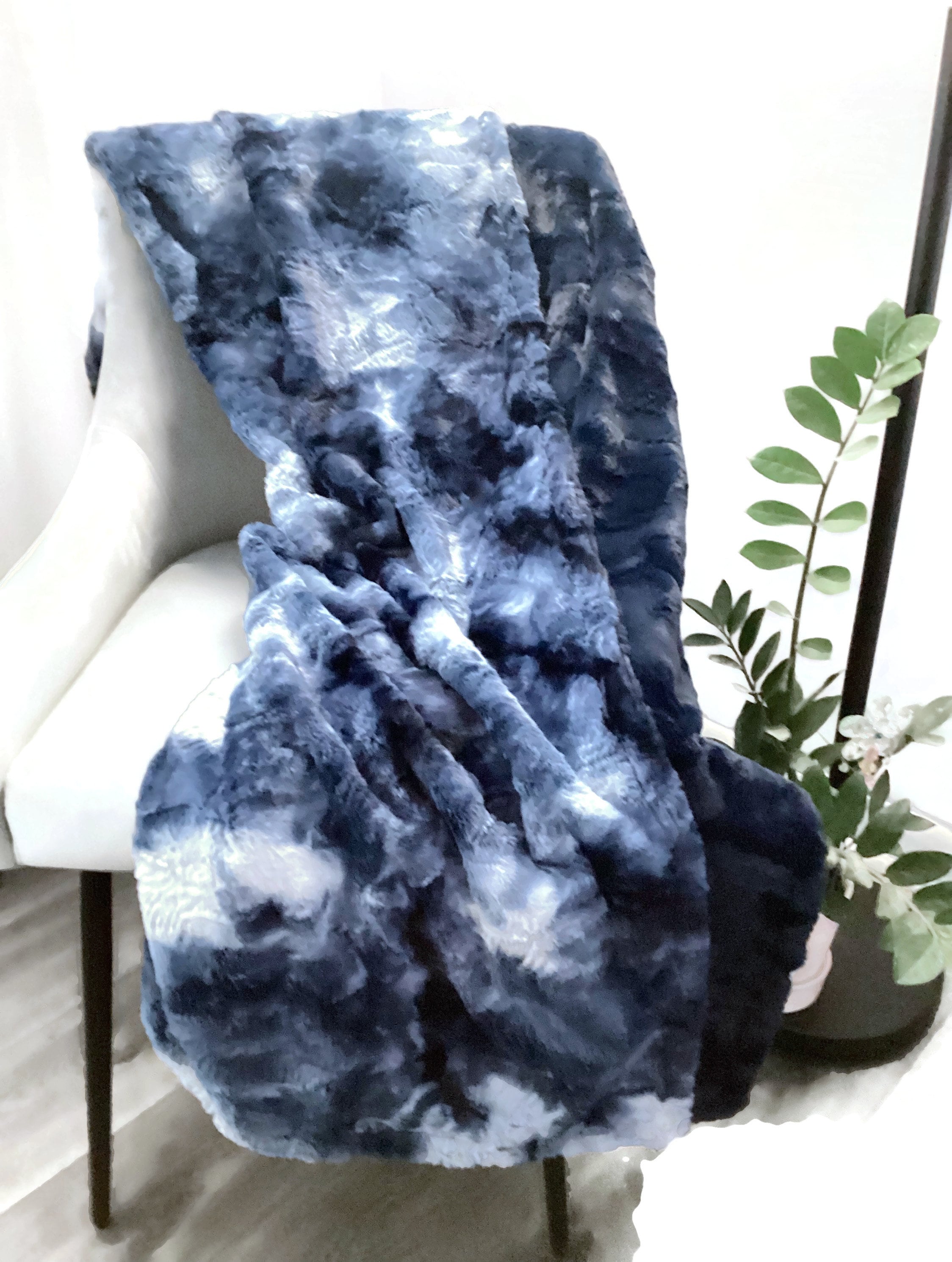 Adult Blanket Throw/Minky Plush Couch Throw/Lap/Navy Sorbet/Faux Fur/You custom/Tie Dye Embossed/Double sided/Personalized/Birthday gift
