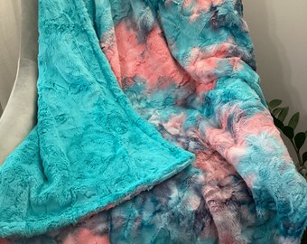 Adult Teen KidsCouch Lap Minky Throw/Blanket/Lush Faux Fur/Turquoise Coral Sorbet/Tie Dye embossed/doubled sided/Personalized/Birthday Gift
