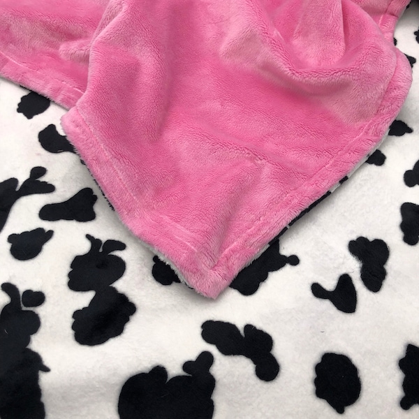 Cow-minky-pink-Personalized-double sided-blanket/throw-Black Cow-Print-girl-crib-toddler/teen adult-lovey