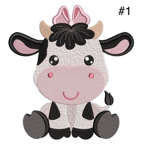 May include: A black and white cow with a pink bow sitting down. The cow has a pink nose and a pink mouth. The cow is wearing a black and white spotted pattern. #1
