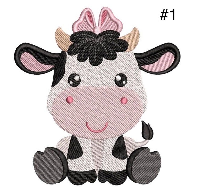 May include: A black and white cow with a pink bow sitting down. The cow has a pink nose and a pink mouth. The cow is wearing a black and white spotted pattern. #1