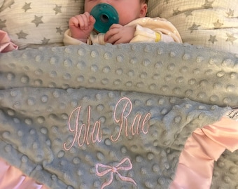 Personalized Minky Baby Blanket, Grey Dimple with Ruffle