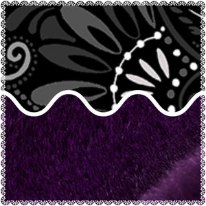May include: A decorative design featuring a black and gray paisley pattern above a textured, deep purple surface. The design is framed with a white scalloped border.