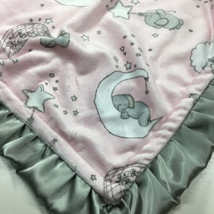 SALE 25% off Lovey/Elephants/Moons-Stars/baby/pink grey minky-ruffles/girl blanket/throw/baby shower gift/luxe cuddle/personalization