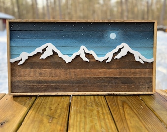 Reclaimed Wood | Mountain Wall Art | Moonlight | Nighttime Sky