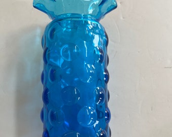 Vintage Blue Bischoff Glass Bubble Vase with Ruffled Rim 1950's