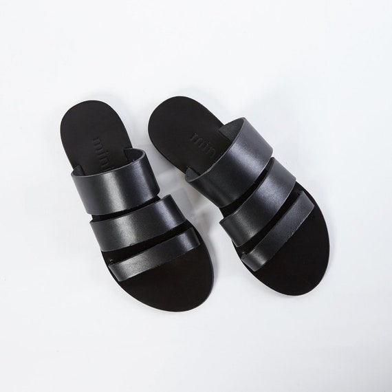 Black 3 Strap Slide Handmade Leather Sandal | Etsy