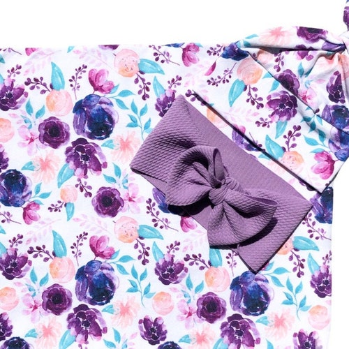 Purple Floral Baby Girl Swaddle Set With Hat and Bow Newborn Etsy