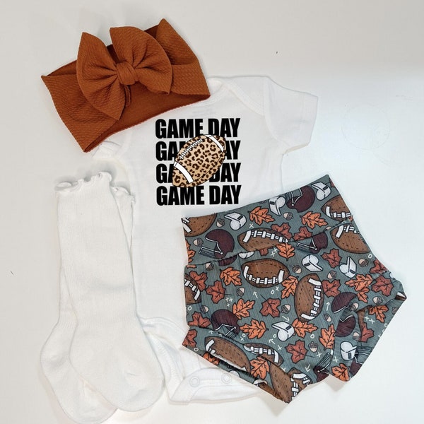 Fall Footballs Baby Bummies and Bow Set, Game Day Baby Girl Outfit, 1st Football Season, Toddler Football Set