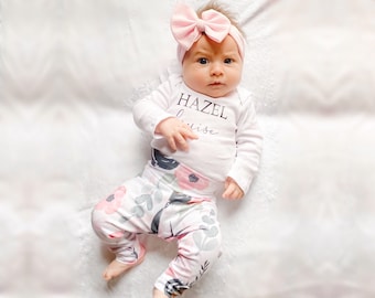 Newborn Coming Home Outfit, Pink Floral Baby Leggings Set, Baby Name Personalized Leggings and Bow Outfit, Baby Girl Pants Bow And Bodysuit