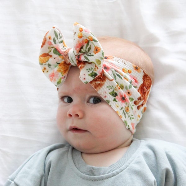 Highland Cow Baby Headwrap Bow, Farm Toddler Bow, Kids Headband Bow