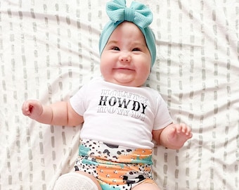 Cow Print Baby Bummies and Bow Set: Western Howdy Bodysuit Outfit