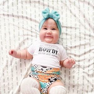 Western Cow Print Brushstroke Baby Bummies and Bow Set, Howdy Baby Girl Outfit, Shorts And Bodysuit