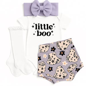 Boho Ghost Baby Girl Outfit: Little Boo Bodysuit, Bummies, Bow & Socks