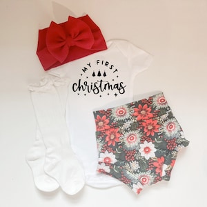 Christmas Baby Outfit: Floral Bummies, Bodysuit & Bow Set