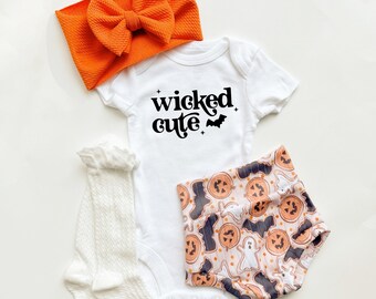 Halloween Bummies and Bow Set, Fall Girl Halloween Outfit, Wicked Cute Baby Bloomers and Bodysuit, High Waisted Shorts, Toddler Halloween St