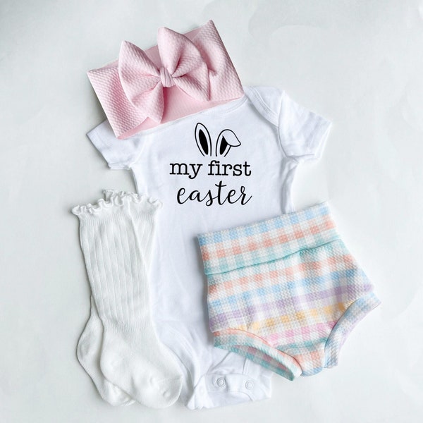 My First Easter Baby Bummies Set, Easter Plaid Baby Girl Bummies and Bow Outfit, 1st Easter Baby Outfit