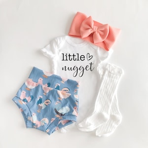 Little Nugget' Peach Chicken Baby Bummies Set, Country Baby Girl Bummies and Bow, Newborn Baby Girl Outfit