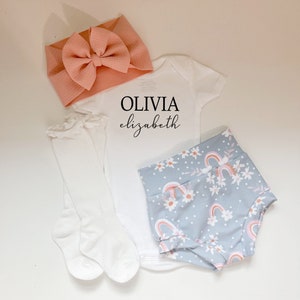 Baby Girl Rainbow Coming Home Outfit, Personalized Baby Bodysuit, Bummies, and Bow Set