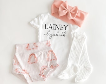 Newborn Baby Girl Rainbow Coming Home Outfit, Personalized Baby Bummies Name Bodysuit and Bow Set