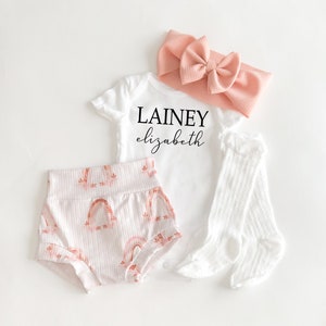 Baby Girl Rainbow Coming Home Outfit, Personalized Baby Bummies Bodysuit and Bow Set