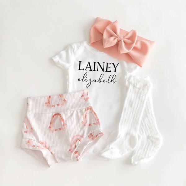 Baby Girl Rainbow Coming Home Outfit, Personalized Baby Bummies Bodysuit and Bow Set
