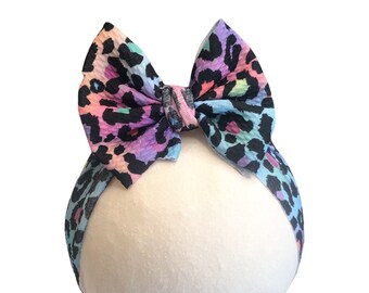 Rainbow Cheetah Baby Bow Headwrap: Neon Retro Toddler Headband