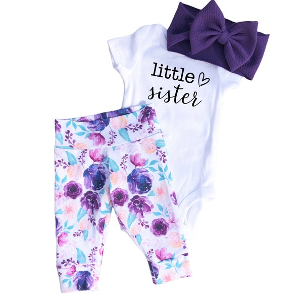 Purple Floral Baby Leggings Set, Little Sister Leggings and Bow Outfit, Baby Girl Pants Bow And Bodysuit, Newborn Coming Home Set