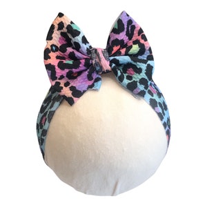 Rainbow Cheetah Baby Headwrap Bow, Neon Retro Cheetah Toddler Bow, Baby Bow, Leopard Kid&#39;s Headwrap Bow