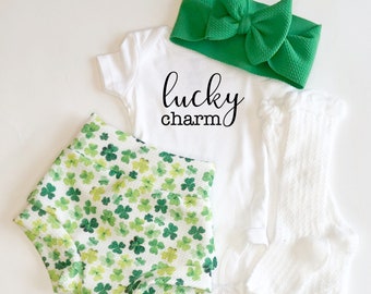 St. Patrick's Day Baby Bummies Set, Lucky Charm Baby Girl Bummies and Bow Outfit, First St. Patty's Day Baby Outfit