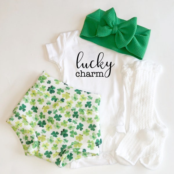 St. Patrick's Day Baby Bummies Set, Shamrock Lucky Charm Baby Girl Bummies and Bow Outfit, First St. Patty's Day Baby Outfit