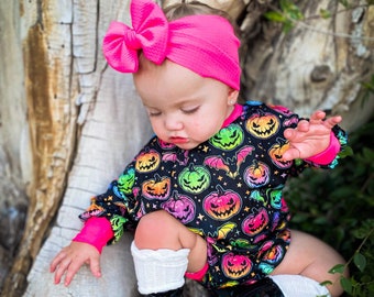 Neon Halloween Baby Sweater Romper, Baby Romper with Headwrap Bow and Knee High Socks, First Halloween Baby Outfit, Baby's 1st Halloween
