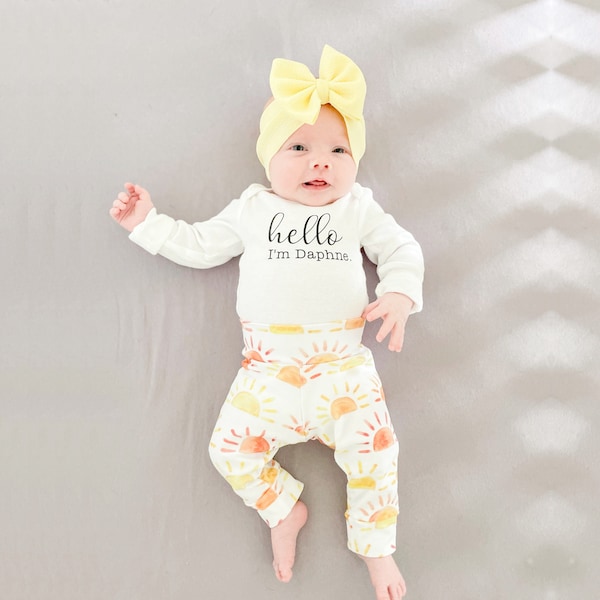 Newborn Baby Coming Home Set, Sun Baby Leggings Set, Sunshine Baby Girl Leggings and Bow Outfit, Baby High Waisted Pants Bow And Bodysuit