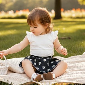 Black daisy skirted bummies, baby girl bummies, summer toddler outfit