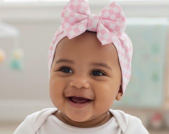 Diadema con lazo rosa a cuadros para bebé, diadema para niña pequeña