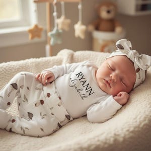 Personalized Organic Cotton Baby Outfit: Mushroom Print, Coming Home Set