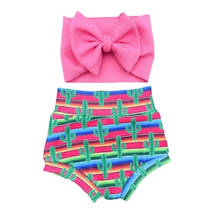 Serape Cactus Baby Bummies Set, Baby Girl Bummies Bow Outfit, High Waisted Baby Shorts, Baby Bloomers